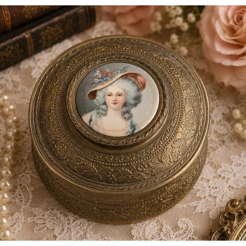 Vintage P.N.C.W. Brass Vanity Trinket French Portrait Romantic Victorian Revival